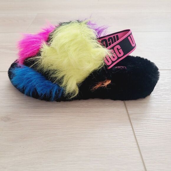New Ugg Fluff Yeah Party Spots Slide Slippers 7 Black Neon Multi Faux Fur - Picture 4 of 9